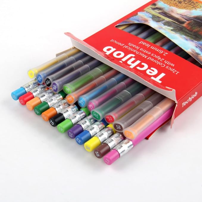 Colored Mechanical Pencil 2.6mm for Coloring and Drawing, Mechanical Colored Pencils,12pcs with extra 24pcs colored leads