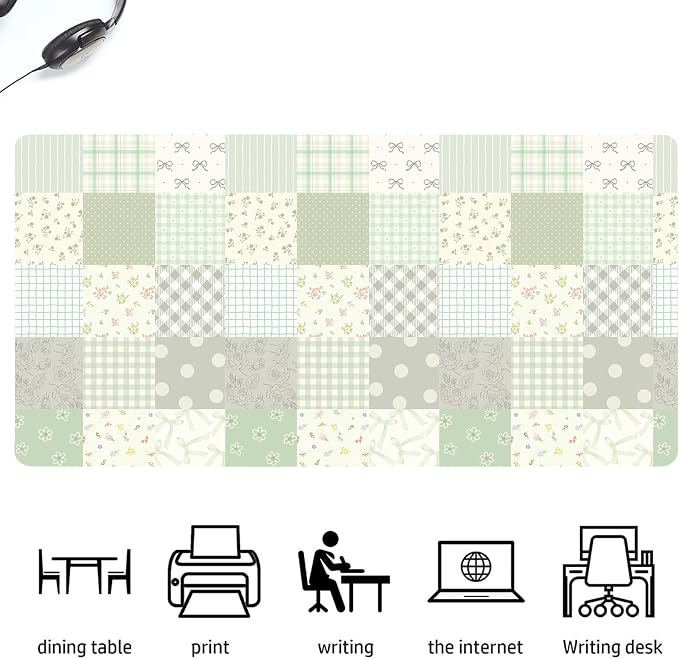 Checkered Plaid Leather Desk Mat Extended Gaming Mouse Pad | Non-slip Large Writing Pad Laptop Blotter Computer Keyboard Mat | Cute Green Desk Protector for Home Office 23.6" x 11.8"