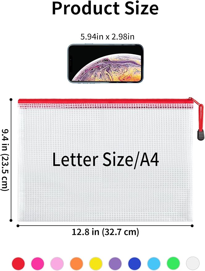 JARLINK A4 20pcs Mesh Zipper Pouch Bag, Waterproof Zipper Pouch for Storage | Sturdy Letter Size File Organizer, Office School Classroom Teacher Supplies, Toy, Board Games & Puzzles Storage, 10 colors