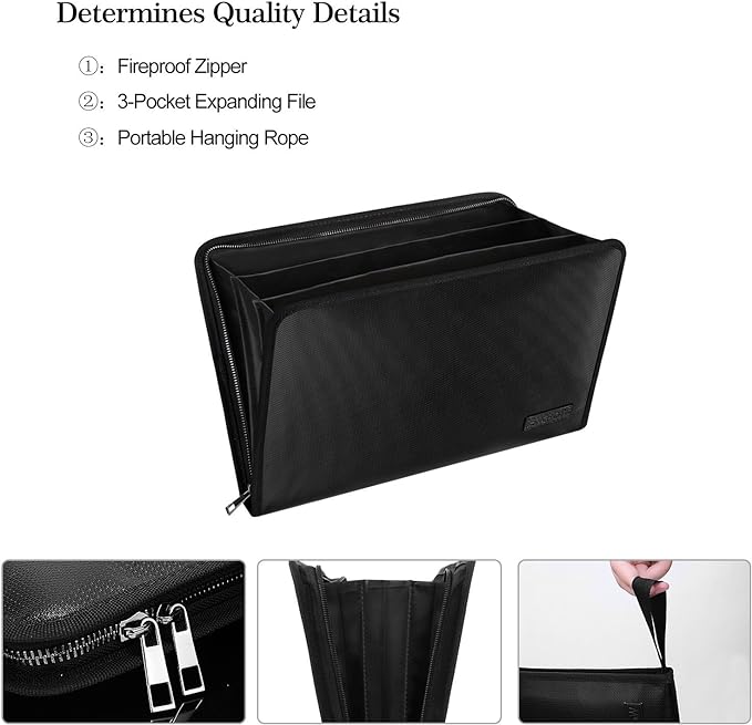 ENGPOW Expanding File Folder,Fireproof 3 Pockets Document Organizer Bag | Accordion File Organizer with Zipper＆Labels,Portable Home Travel Safe Storage for Important Files,Papers,Letter Size,Black