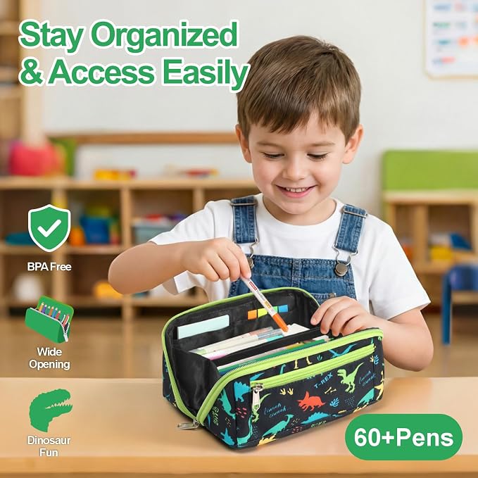 Large Pencil Case for Boys, Durable Kids Pencil Pouch for School, Wide Opening Soft Bag with Handle, Fits 50 Pens & Markers (Black Dinosaur) | Kids Pencil Case & Wide Handle, Water Resistent Organizer Box, Fits 50 Pens & Markers, Daily Use, Black Dinosaur
