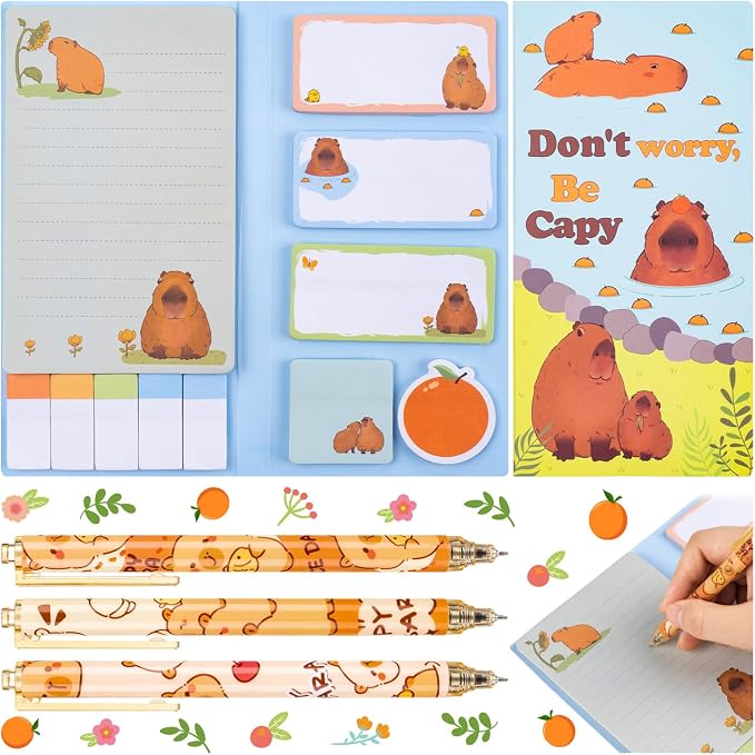 Don't Worry Be Capy Sticky Notes, Capybara Sticky Notes with 3 Ballpoint Pens, Self-Adhesive Writing Memo Pages Post It Note Back to School Office Supplies Small Gift