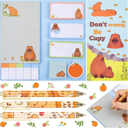 Don't Worry Be Capy Sticky Notes, Capybara Sticky Notes with 3 Ballpoint Pens, Self-Adhesive Writing Memo Pages Post It Note Back to School Office Supplies Small Gift