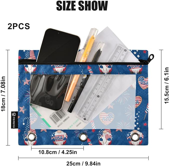 Emelivor Gnome 4th July Pencil Pouch for 3 Ring Binder 2 Pcs Binder Pouches with Zipper Pocket Pencil Case Bag with Clear Window for College Office Daily Supplies
