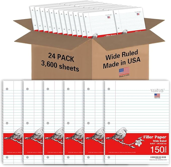 Loose Leaf Paper Wide Ruled, 8" x 10.5" Binder Filler Paper, 3 Hole Punched Notebook Paper, 3600 Sheets Total 24 Pack 150 Sheets/Pack, Bulk School & Office Supplies, Made in USA