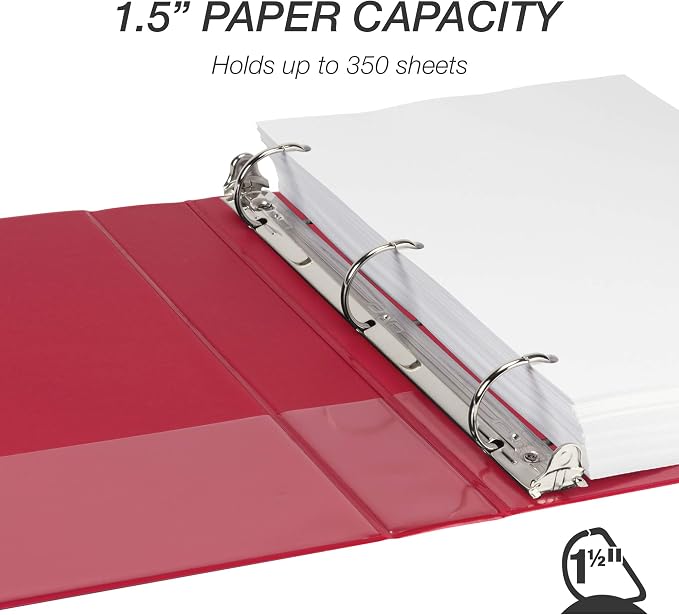 Samsill Durable 1.5 inch 3 Ring Binder, D Ring Binder, 100% Recycled Chipboard, Red