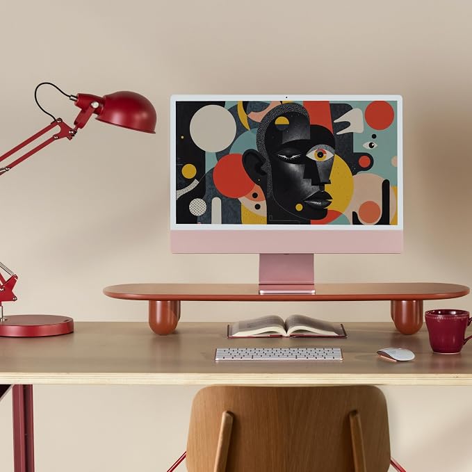 Fenge Computer Monitor Stand with Solid Beech Wood Legs, 34 Inch | Full-Red Finish Panel, 5-Min Tool-Free Assembly, Oval Monitor Riser for Art Spaces, Studios, Home Office