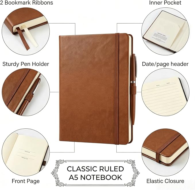 36 Pack Pu Leather Lined Journal Notebooks, A5 Executive Notebooks Bulk, 5.5 x 8.3 Inch Hardcover Notepad for Business Office School (brown)