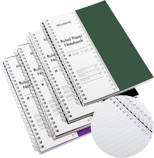 BESARME 4 Pack A5 College Ruled Spiral Notebooks, 5.7 x 8.22 Inch | 100gsm thick paper, waterproof cover, ruler insert, twin-wire binding, 160 pages each, for school or work
