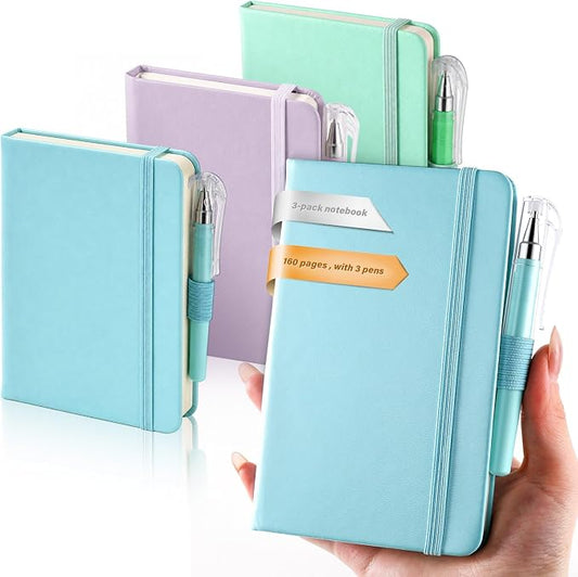 AISBUGUR Small Notebook Journal - 3 Pack Total 480 Pages - Pocket Notebooks with Pens for Work - 3.7" x 5.7" A6 Notebook - Hardcover Mini Notebooks
