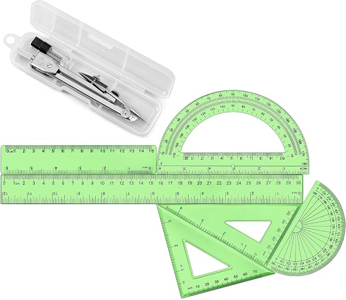 Zonon 7‑Piece Geometry Set with Drawing Compass, 6 & 4 Inch Protractors, Triangle Rulers and Straight Rulers, Transparent Math Drafting Supplies for Back to School, Students and Office Use(Green)