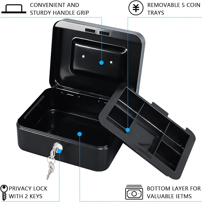 KYODOLED Medium Cash Box with Removable Money Tray, Key Lock Metal Storage Box with 2 Keys & Portable Handle, Safe Cash Drawer, 7.87"x 6.30"x 3.54", Black