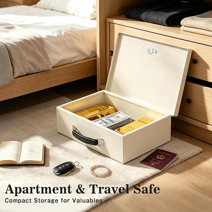 xydled Fire Resistant Safe Fire Safe Box with Key Lock for Home Office Security Storage for Valuables Documents,12.8 x 8.5 x 4.5 Inch,White,Beige