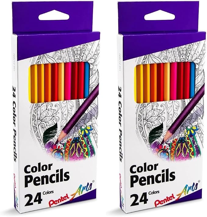 Pentel Arts Colored Pencils, Assorted Colors, Set of 24 (Pack of 2)