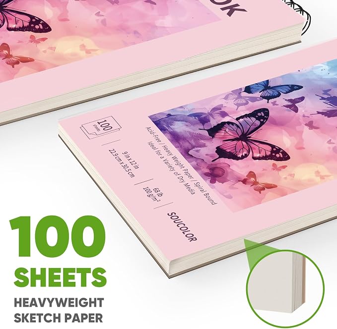 Soucolor Sketch Book 9" x 12" for Teen Girls, Cute Pink Sketchbook | 100 Sheets Spiral Notebook Drawing Pad|Pastel School Art Supplies for Beginner Artists|Arts and Crafts Gifts Set for Women
