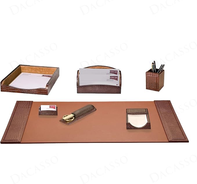 Dacasso Brown Crocodile Embossed Leather Luxury 7 Piece Desk Set - Blotter Pad & Desk Mat Organization Essentials - Executive Decor and Surface Protector