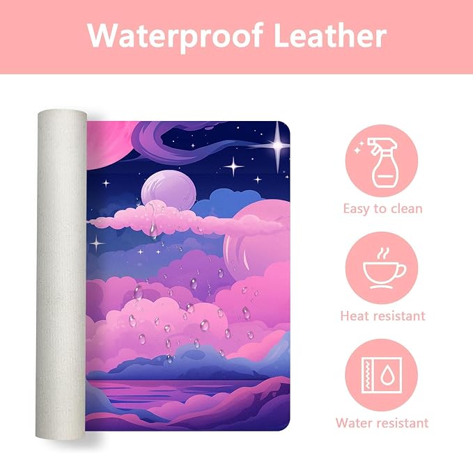 Britimes Pink Blue Planet and Clouds Desk Mat Cute Colorful Sky Deak Pad Non-Slip PU Leather Large Keyboard Mouse Pad Office Desktop Accessories for Office,Work,Home Decor(31.5"X15.7")