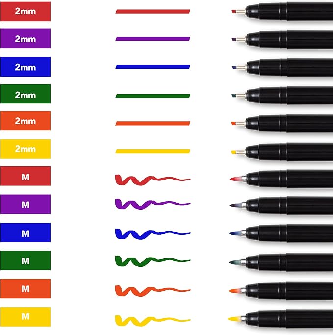 Craft 'n' Beyond Colored Calligraphy Brush Pens Waterproof Pack of 12 Markers for Hand Lettering, Art Drawing, Sketching, Scrapbooking, Writing, Journaling tip - Beginner Kit with Fadeproof Ink