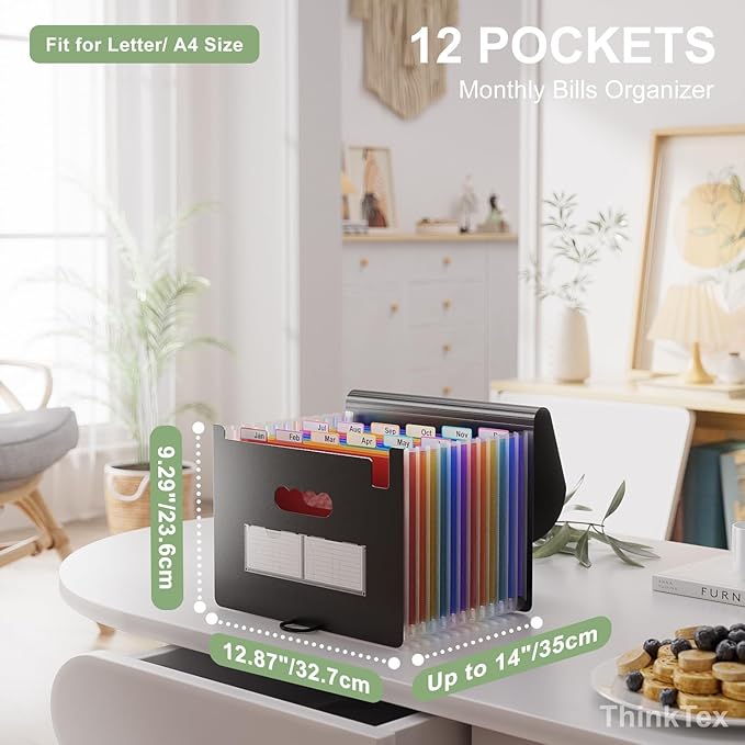 ThinkTex Accordion File Organizer, 12 - Pocket Expanding File Folders | for Paper Receipts, Bills&Taxes Organizer, Portable Letter/A4 Size Document Holder for School, Office, Home