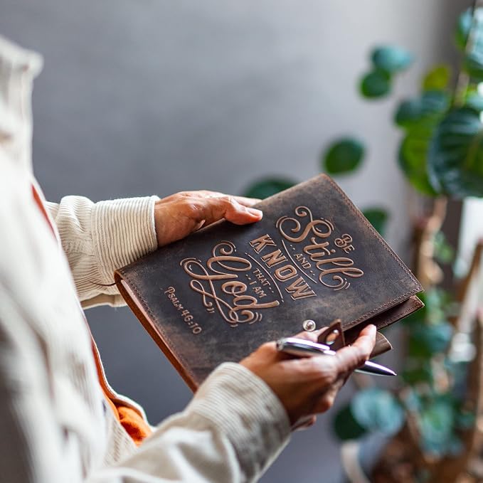 moonster Refillable Psalm 46:10 Bible Verse Embossed Journals with Pen – Milled A5 Leather Journal Lined Paper - Journals for Women Notebook with Pen Holder - 320 Pages
