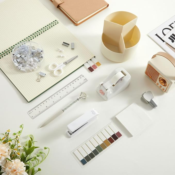 Marspark Beige Desk Accessories Office Supplies Set, 12 Pcs | 360° Rotating Pen Holder, Stapler, Tape Dispenser, Scissor, Sticky Notes, Binder Clips, Desk Organizers Gift for School