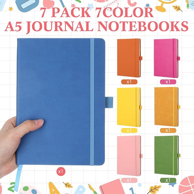 Laumoi 7 Pack Hardcover Journal Notebooks Bulk A5/A4/B5 Journaling Notebook Wide Ruled PU Leather Ruled Lined Journals with Pen Holder for School Business Work Writing (Fashion Color,A5)