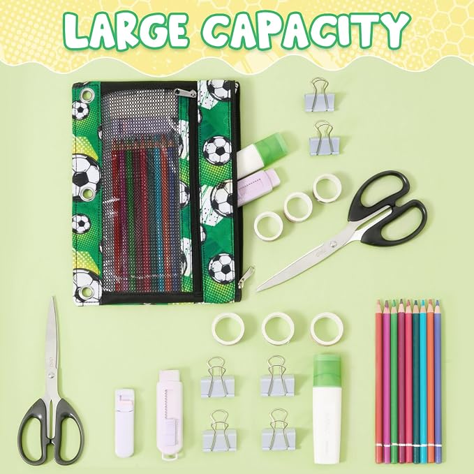 WAWSAM Soccer Pencil Pouch for 3 Ring Binder, Zipper Pencil Pouch for Boys | 2 Pocket Clear Window Pencil Case, 3 Ring Pencil Pouch for School Supplies, Pencil Bags for Office College