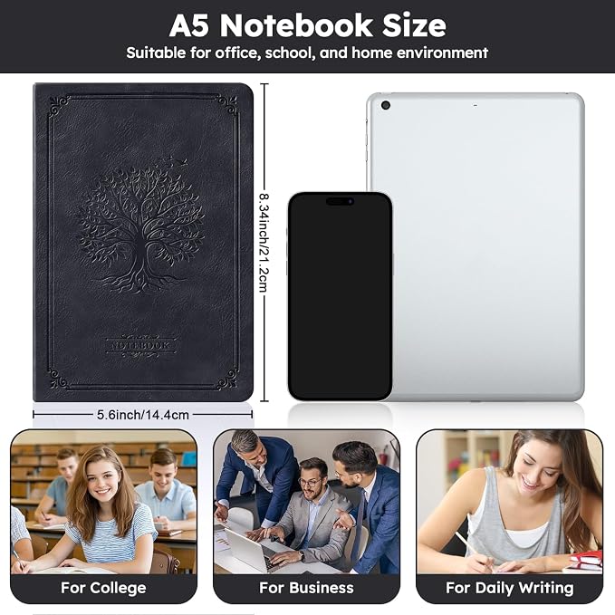 FOCUS DAY Lined Journal Notebook, A5 size (5.7'' X 8.4''), 320 Pages 100GSM Thick Paper, Leather Hardcover, for Women Men, Writing, Note Taking, Personal Diary, Travel Journal