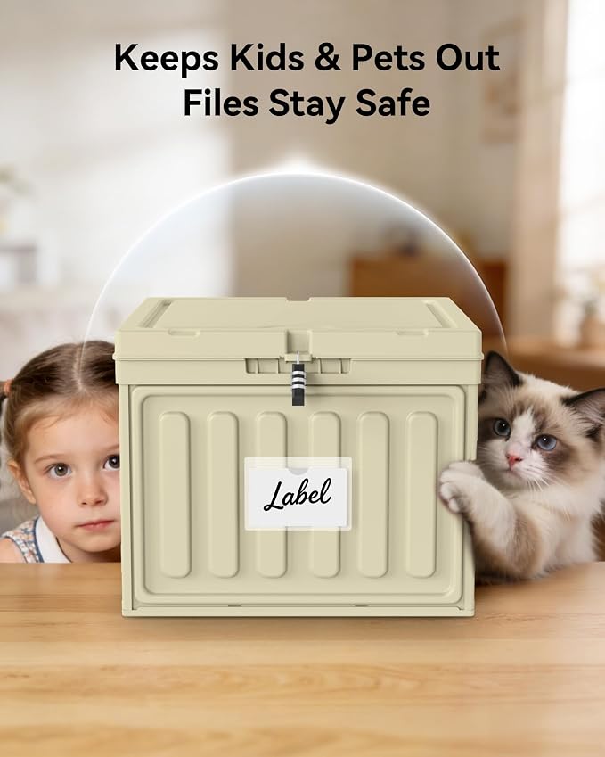 Oterri Lockable Plastic File Box with Lid – Hanging File Folder Organizer for Letter Size Documents, Stackable Storage for Home Office, School, and Desk (Khaki, Large-1 Pack Without Folders)