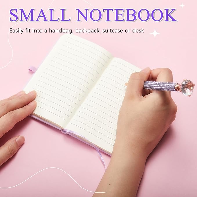 Rhinestone Pen & Glitter Notebook Set, Hard Cover Bling Diary Journal for Girls, Cute School Supplies for Back to School, Sparkly Desk Accessories Gift for Women(Rhinestone,A6,Purple)