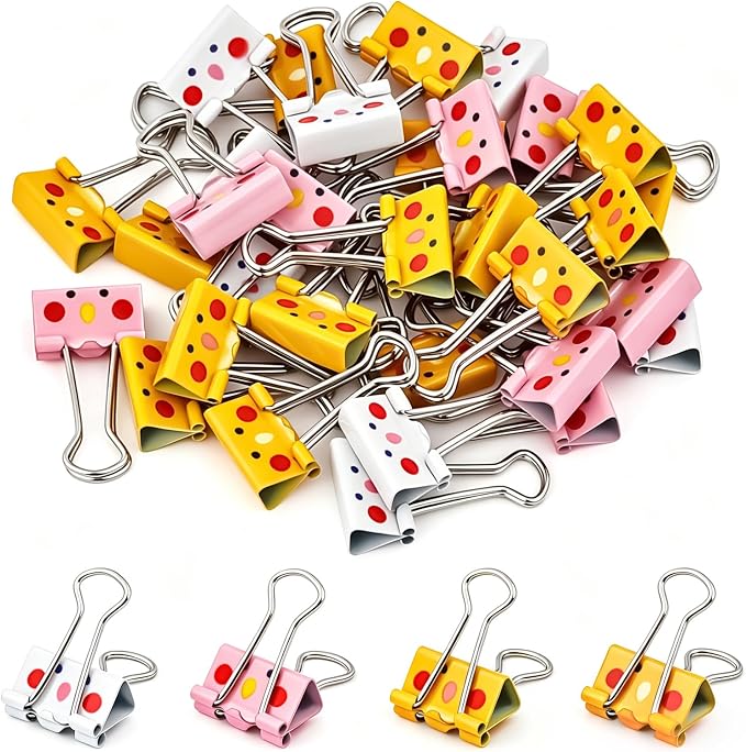 BAYTORY 32Pcs Cute Binder Clips, 3/4 Inch (19 mm) Small Binder Clips | Colored Paper Clip, Paper Clamps for School Teachers Office Supplies (Light Yellow, Dark Yellow, Pink, White)