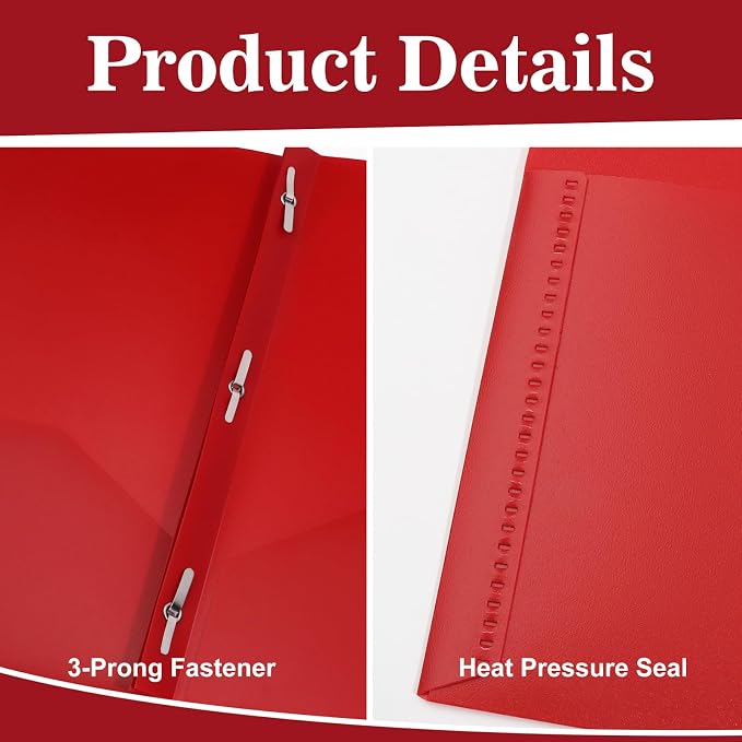 Plastic Folders with Pockets and Prongs,2-Pocket Folders with 3 Fasteners, Holds 8-1/2" x 11" Paper, Pastel Color (Bright Red, 12-Pack)