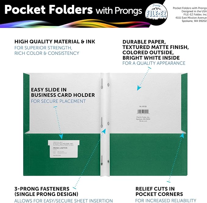 FILE-EZ Two-Pocket Folders with 3-Prong Fasteners, Green Color, 25-Pack, Durable Textured Paper, Matte Finish, Letter Sheet Size (EZ-92560)