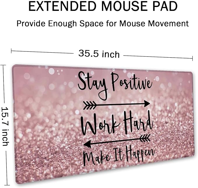SSOIU Desk Mat, Extended Gaming Mouse Pad 35.5x15.7 in Stay Positive Work Hard and Make It Happen Inspirational Quotes Mouse pad Art Rose Gold and Silver Glitter Black Quote Large Non-Slip Mousepad