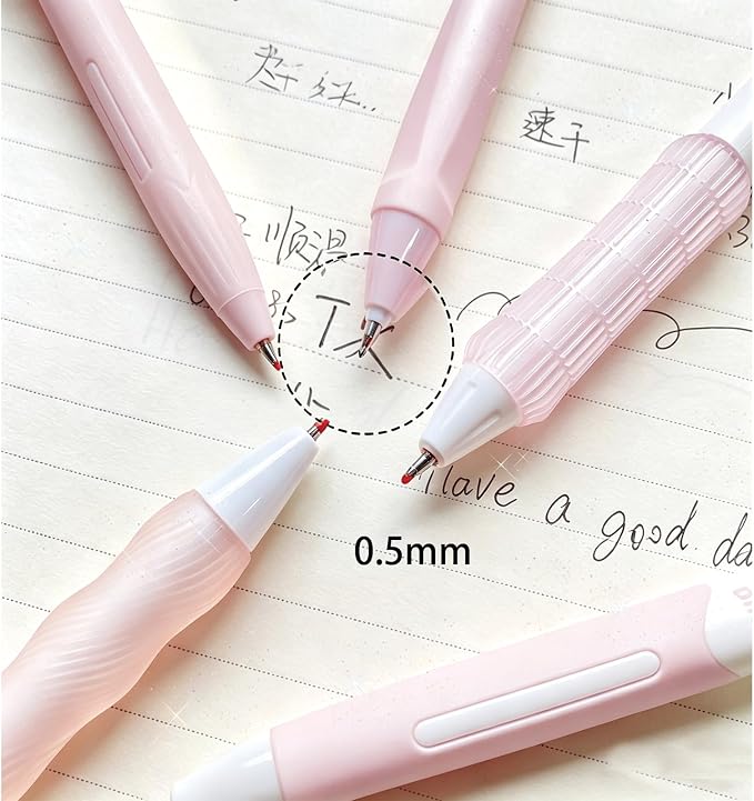 10Pcs Cute Pink Retractable Gel Pens 0.5mm Black Ink Pen for Women Girls