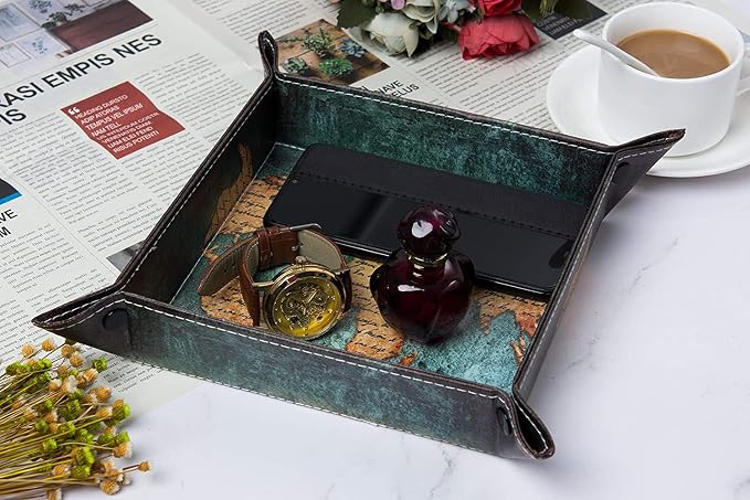 Valet Tray Desktop Storage Organizer, Vegan Leather Catchall Bedside Vanity Tray Nightstand Caddy Holder for Remote Controller, Watch, Keys, Phone, Wallet, Sunglasses, Jewelry - Map