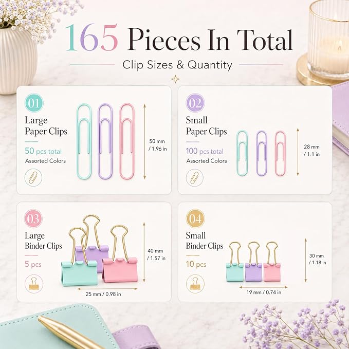 Pastel Paper Clips Binder Clips Set with Storage Box, 165 Psc, Assorted Size Decorative Office Clips, Cute Desk Accessories for School, Home Office, Planner, Journal and Documents
