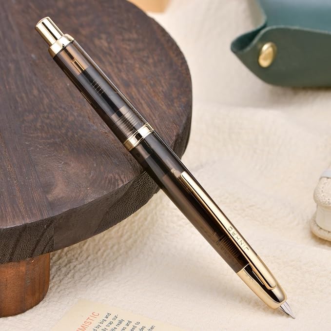 Jinhao 20 Press Fountain Pen, Transparent Black Retractable Fine Nib with Ink Converter Set (Golden Clip)