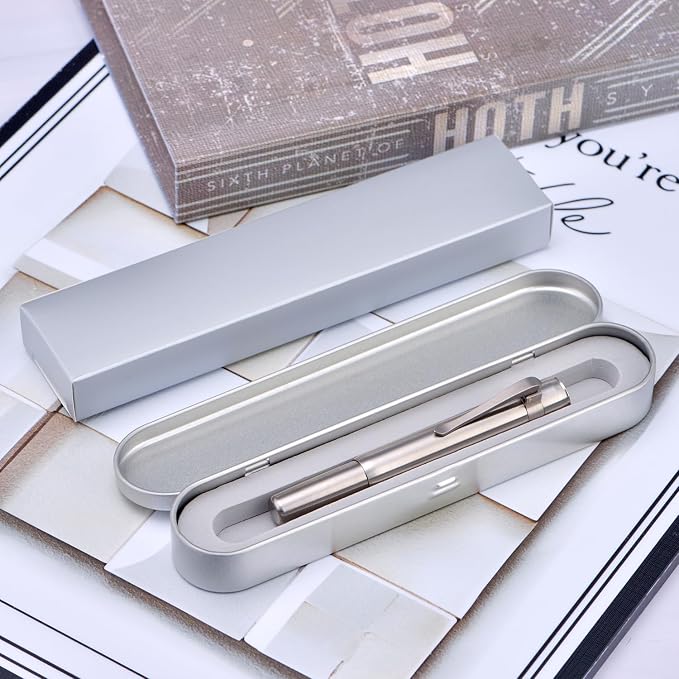 HONG DIAN M2 Titanium Mini Fountain Pen, Bent Nib & Sleek Shape Metal Short Pocket Travel Pen (Titanium Gray)