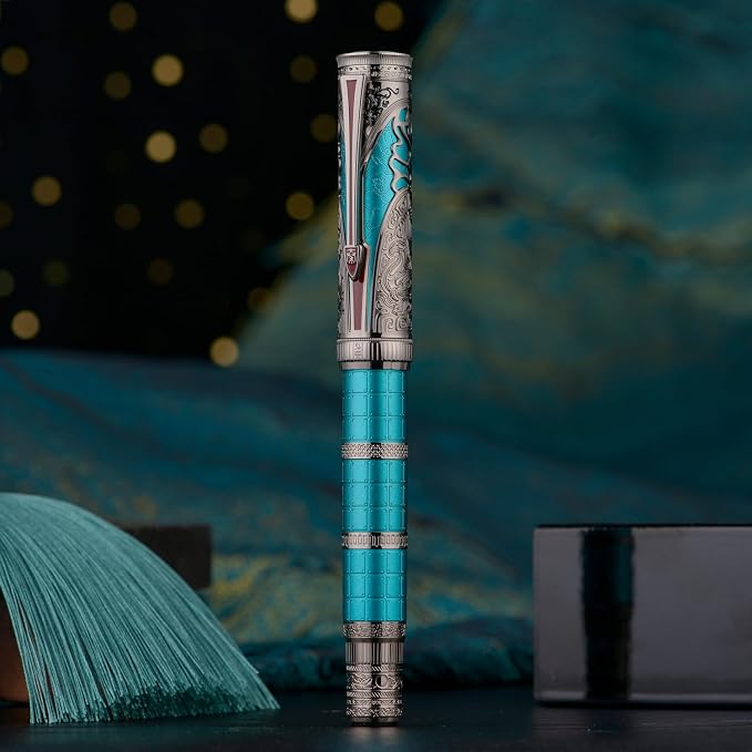Hongdian D5X Fountain Pen Turquoise Extra Fine Nib, Qin Dynasty Retro Chinese Totem Engraving Smooth Writing Pen with Converter and Pen Box Set