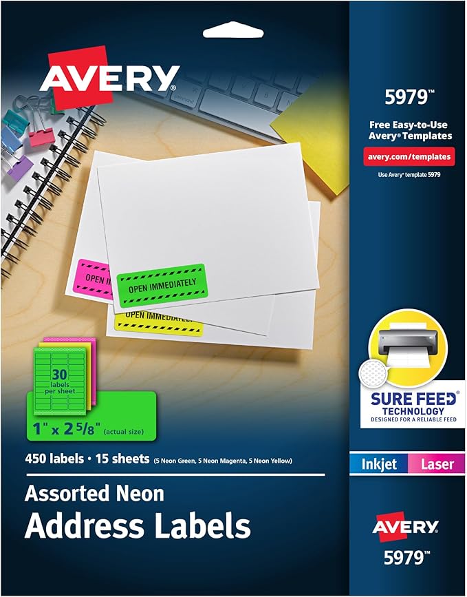 Avery Printable Address Labels with Sure Feed, 1" x 2-5/8", Assorted Neon Colors (Magenta, Green and Yellow), Laser & Inkjet Compatible, 450 Blank Labels Total (5979)
