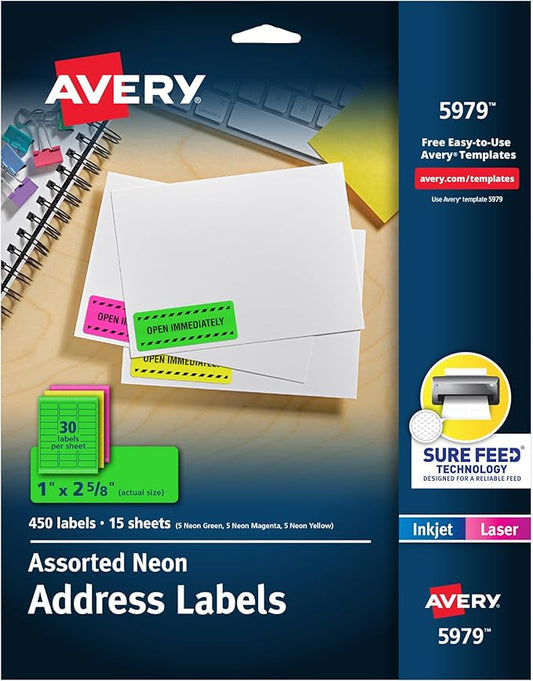 Avery Printable Address Labels with Sure Feed, 1" x 2-5/8", Assorted Neon Colors (Magenta, Green and Yellow), Laser & Inkjet Compatible, 450 Blank Labels Total (5979)