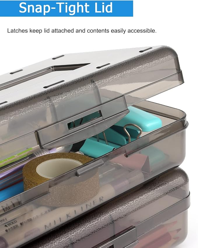 Tamaki 1 Pack Plastic Pencil Box Large Capacity, Black | Clear Boxes with Snap-tight Lid Stackable Design and Stylish Office Supplies Storage Organizer