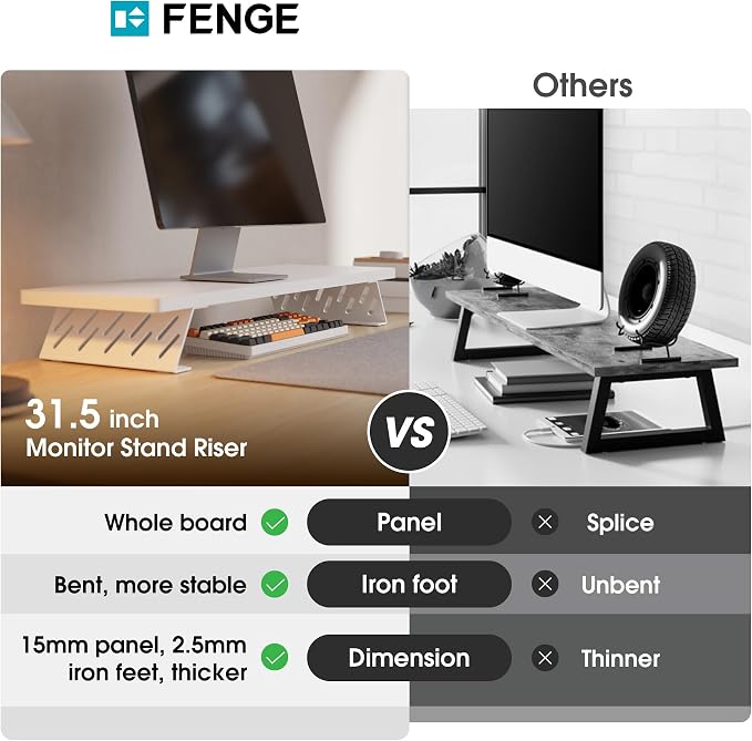 Fenge Monitor Stand Riser, Wooden & Metal Desk Shelf Organizer, White | 31.5 Inch Computer Stand for Compact Work Station, Multifunctional Monitor Shelf for Laptop, PC, Printer