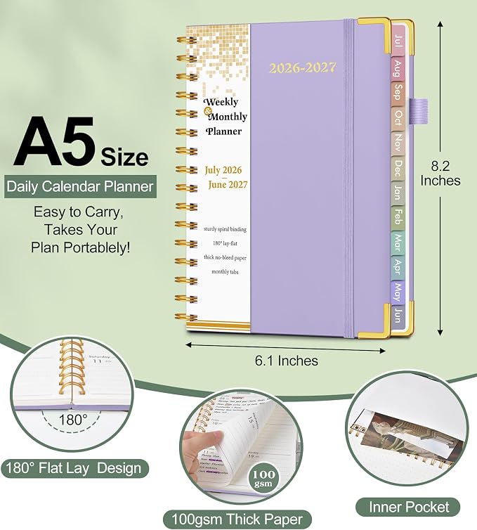 Academic Planner 2026-2027, Hardcover Weekly and Monthly Calendar Planner from July 2026 - June 2027, Daily Agenda Planners with Tabs, College School Organizer for Student Teacher, A5 (6.1" x 8.2"), Purple