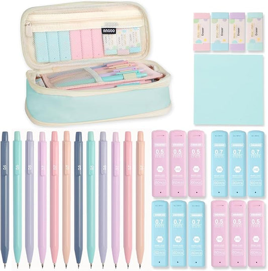 Aesthetic School Supplies with Cute Pencil Case, 12x Pastel Mechanical Pencils 0.5 & 0.7mm with 720x HB Leads, 4x Erasers and 1x Sticky Note, Suitable for Writing, Drafting Drawing Sketching(blue)