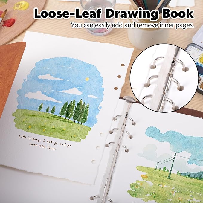 Watercolor Journal, 24 Sheets, 5.5 x 8.1 in, Khaki Leather Cover | Cold Press Deckle Edge Paper, Ring Binder, Mixed Media Sketchbook, Portable for Travel and Class