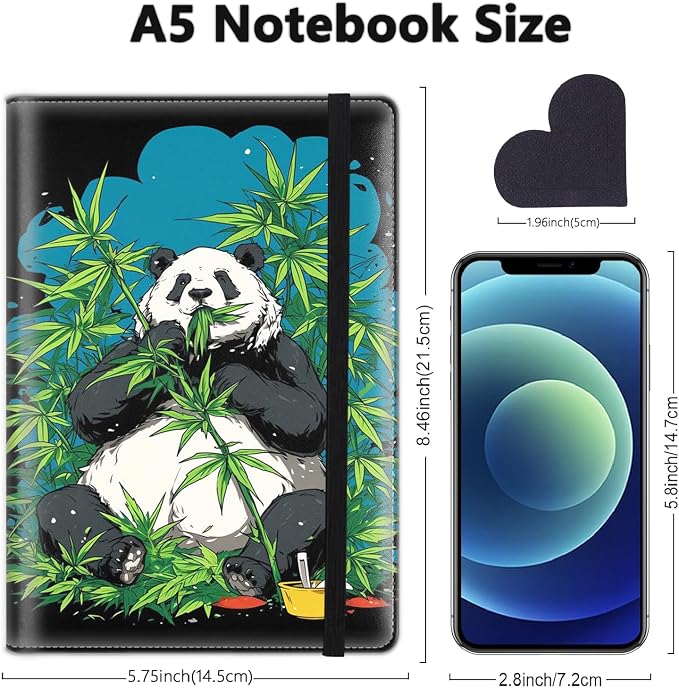 A5 Leather Lined Journal Notebook, 200 Pages Hardcover Executive Notebook for Men Women Office School Note Taking, Thick Writing Paper Daily Journal with Bookmarks/Indexes, Panda Bear Hippie