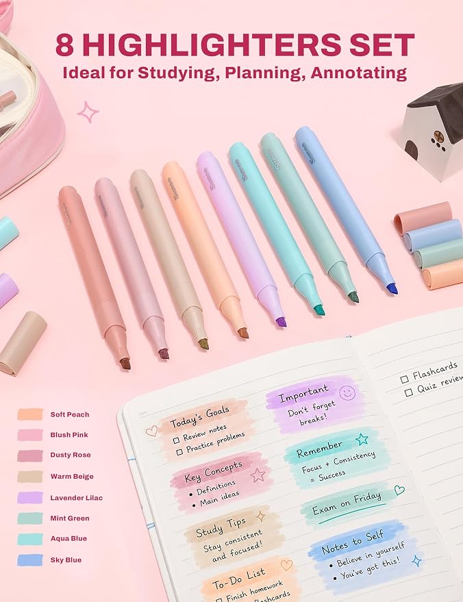 SUNEE 54PCS Aesthetic Stationery Set with Cute Pencil Case, 8 Color Pastel Highlighters, 8 Black Gel Pens, 6 Mechanical Pencils & Refills, College School Supplies for Students Girls Pink