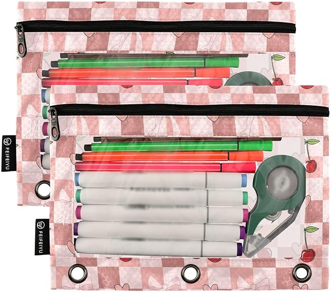 Gredecor 3 Ring Binder Pencil Pouch, Cherry Coquette Ribbon Bow (45) Zippered Pen Case Pouches with Clear Window, 2 Pack Stylish Office & School Supplie